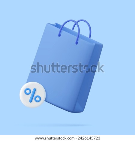 3d Shopping bag, handbag with discount. Sale, discount, promotion, Online shopping concept. Sale on goods. Banner template. 3d rendering. Vector illustration