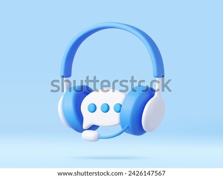 3D headphones with microphone and speech bubble. Hotline support service with headphones. Call center concept. Online user consultation. 3d rendering. Vector illustration
