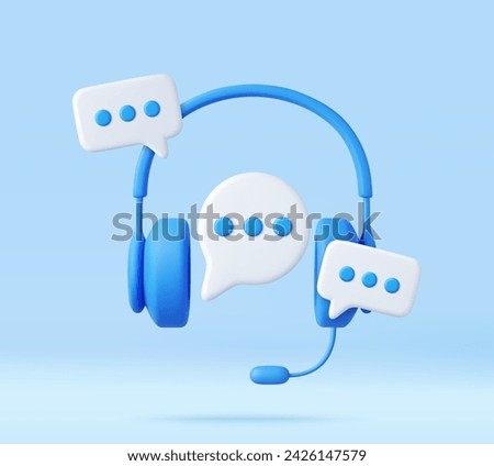 3D headphones with microphone and speech bubble. Hotline support service with headphones. Call center concept. Online user consultation. 3d rendering. Vector illustration