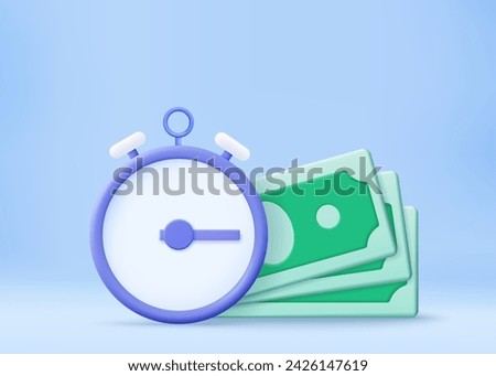 Time is money, business and finance concept. Quick payment, clock and cash, fast loan, easy credit. Time money saving. Timer and finance. Quick money. 3d rendering. Vector illustration