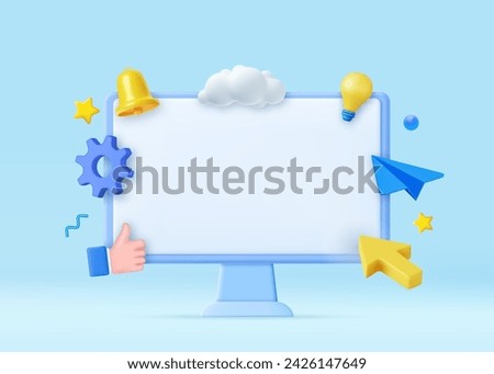 3d Mock up Desktop computer. Screen device mockup blank monitor. Creative concept idea. Configure, web repair, maintenance and setting website. 3d rendering. Vector illustration