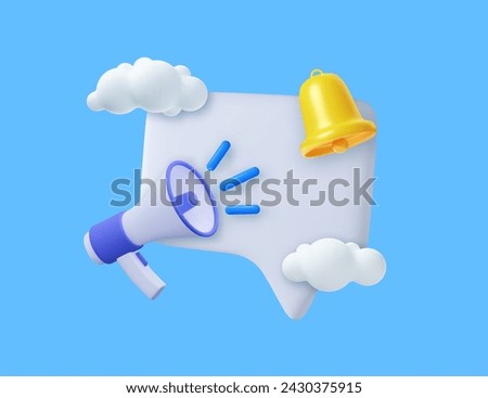 3D Megaphone with speech bubble message and bell notification. News and loudspeaker. Social media promotion and announce. Marketing concept. . 3D Rendering. Vector illustration