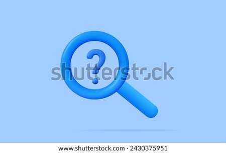 Blue question mark and search magnifying glass symbol concept on find faq background with discovery or research magnifier object. 3D rendering. Vector illustration