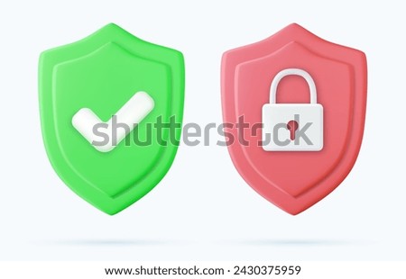 3d Protection padlock abstract shield security with lock data symbol icon. Firewall access internet privacy sign, secure network web emblem template, 3D rendering. Vector illustration