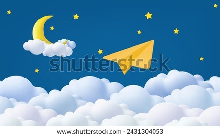 3d Good night and sweet dreams banner. Fluffy clouds on dark sky background with gold moon and stars. 3d paper airplane with clouds . 3d rendering. Vector illustration