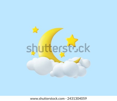 3d Crescent moon, golden stars and white clouds isolated on blue background. Dream, lullaby, dreams background design for banner, booklet, poster. 3d rendering. Vector illustration