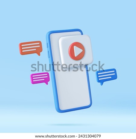 3d Mobile icon playing video, wireless media connection. social media with live streaming on mobile phone. 3d rendering. Vector illustration