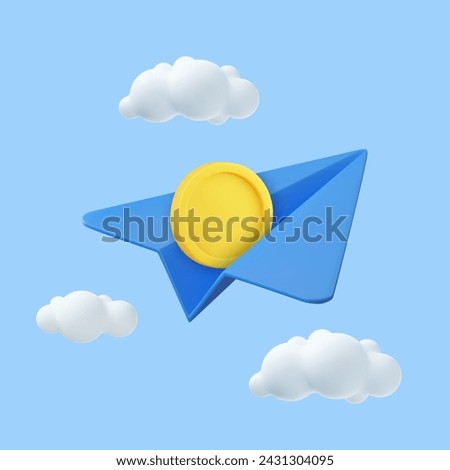 3d paper airplane and coins with clouds Minimal cartoon cute smooth. creative vision leadership concept. Modern trendy design. business finance investment. 3d rendering. Vector illustration