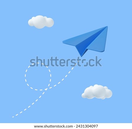 3d paper airplane with clouds Minimal cartoon cute smooth. creative vision leadership concept. Modern trendy design. 3d rendering. Vector illustration