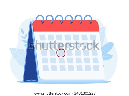 calendar reminder date spiral icon and red circle, style simple calendar, . Mark the date, holiday, important day concepts. Vector illustration in flat style