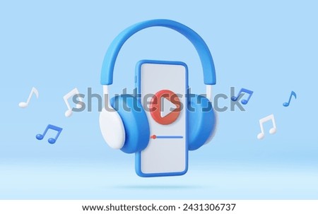 3d Headphones and Smartphone, Melody note. listening to music through the app. Concept for online music, radio, listening to podcasts, books at full volume. 3d rendering. Vector illustration