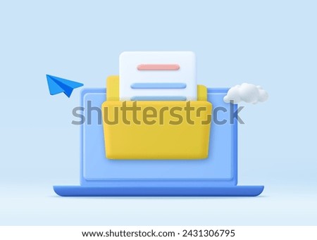 3d File transfer concept. Yellow folder with document on computer monitor. minimal design folder with files, paper icon. File management concept. 3d rendering. Vector illustration