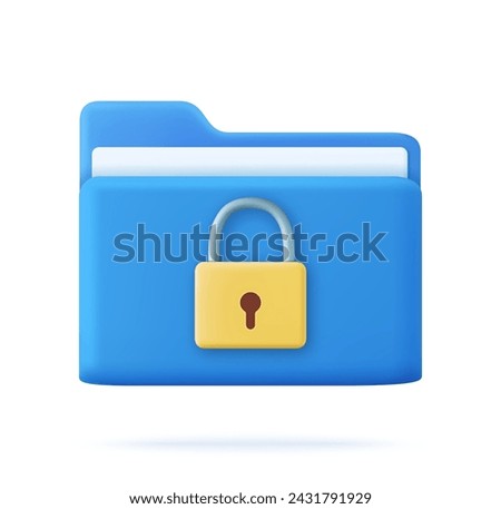 3D Folder with Lock. Personal data security concept. Protected information. File management. Database archive. 3d rendering. Vector illustration