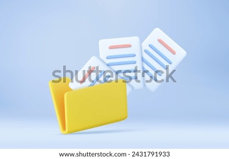 yellow computer folder with flying blank documents. minimal design folder with files, paper icon. File management concept. 3d rendering. Vector illustration