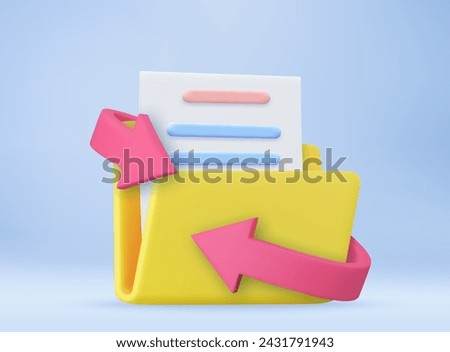 3d Yellow folder with files and arrow. File transfer concept. File sharing or sending document, documents management, data storage, Copy files, Move a file. 3d rendering. Vector illustration