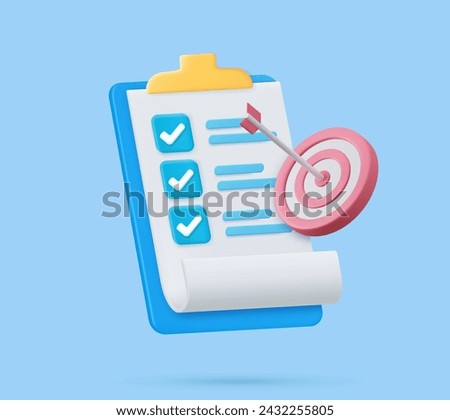 3d Clipboard, checklist symbol. Assignment target icon. Project task management and effective time planning tools. 3d rendering. Vector illustration