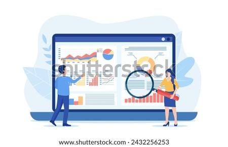 Data analytics, dashboard and business finance report. business people working for data analytics and monitoring on web report. business finance investment concept. Vector illustration in flat style