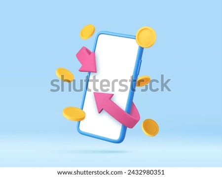 3d smartphone with blank screen and bright arrow around and coins. Money back concept. Cashback money for purchases in the online store. 3d rendering. Vector illustration