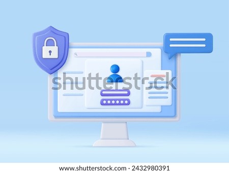 3d Login and password concept. Online file protection system concept with computer and lock. secure login form for personal online account or social media profile. 3d rendering. Vector illustration