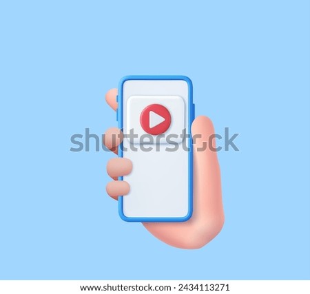 3d hand hold Mobile icon playing video, wireless media connection. 3d rendering. Vector illustration