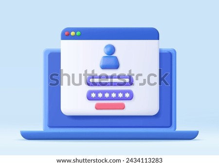 3d Computer and account login and password form page on screen. Sign in to account, user authorization, login authentication page concept. Username, password fields. 3d rendering. Vector illustration