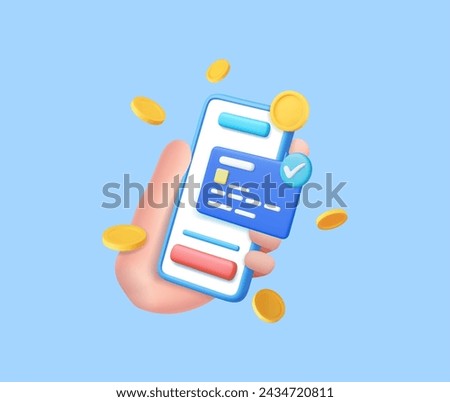 3D Hand holding mobile phone with credit card and money financial security for online shopping with coin. online payment secure with credit card. 3D rendering. Vector illustration