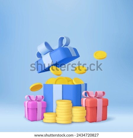 3D open gift box surprise with gold coins. loyalty program and get rewards, Money prize reward. Casino or Online game winner. 3d rendering. Vector illustration