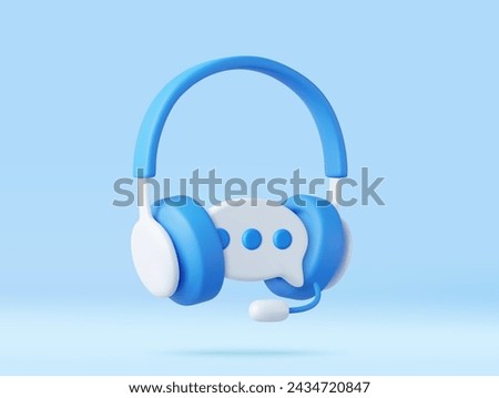 3D headphones with microphone and speech bubble. Hotline support service with headphones. Call center concept. Online user consultation. 3d rendering. Vector illustration