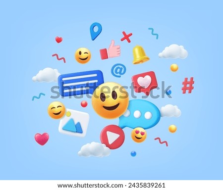 3d render social media and technology, online social communication applications concept, emoji, hearts, chat on light blue background. Vector illustration