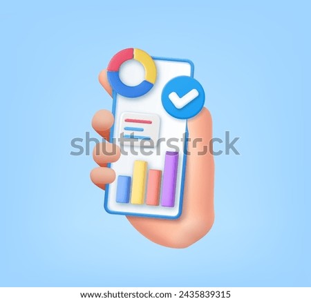 3d Hand holding mobile phone with data chart, financial report chart, data analysis. Online marketing. trading for business investment. 3d rendering. Vector illustration