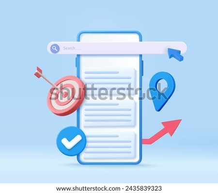 3D Search engine on smartphone screen with a target and local pin location icon. SEO Optimization Marketing Strategy. Finding information online concept. 3d rendering. Vector illustration