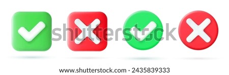 Green tick check mark and cross mark symbols icon element , Simple ok yes no graphic design, right checkmark symbol accepted and rejected, 3D rendering. Vector illustration