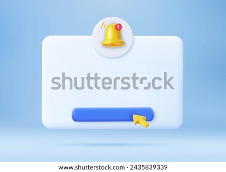 3d render Empty reminder popup, push notification icon with Cute yellow bell. 3D Model render for design. Email web symbol, mobile phone app, template, copy space. Vector illustration