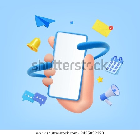 3d Hand holding Phone with business management app. Online news and work. Business marketing concept. Smartphone with megaphone, bell and message. 3d rendering. Vector illustration