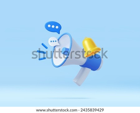 3D Cartoon Megaphone with Bell notification and speech bubble. Marketing time concept. Online news with loudspeaker. Social media promotion. 3d rendering. Vector illustration