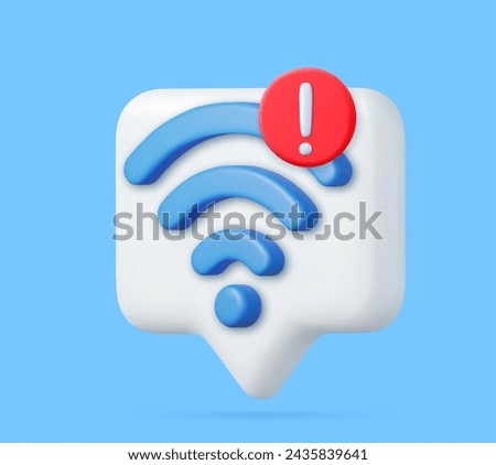 3d wireless connect and sharing network on internet with alert notice. Hotspot access point for false, problem, fail to connect. Broadcasting area with WiFi.