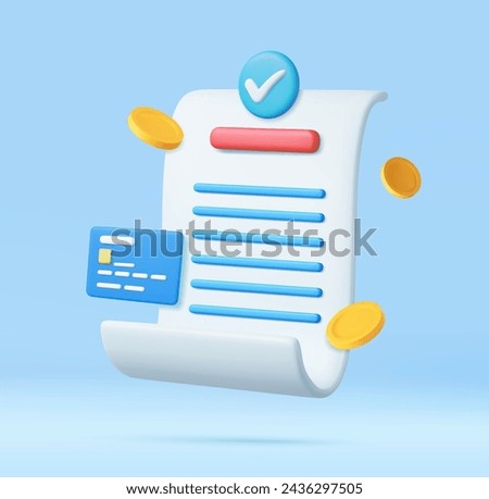 3D bill payment with credit card,check and golden coins, financial for online shopping, bill online payment credit card with payment protection concept. 3D Rendering. Vector illustration