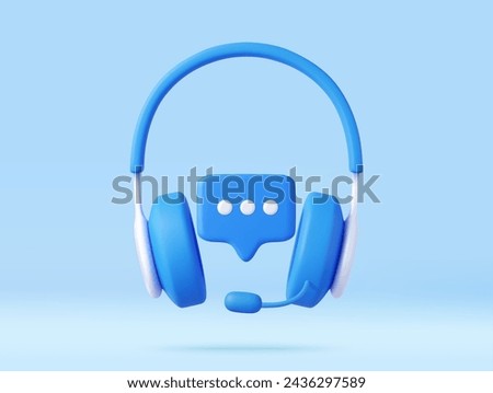 3D headphones with microphone and speech bubble. Hotline support service with headphones. Call center concept. Online user consultation. 3d rendering. Vector illustration