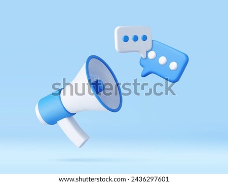 3d Megaphone with messages icon. Online marketing with loudspeaker. Blue and White. 3D Rendering. Vector illustration