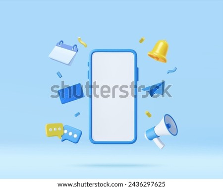 3d Phone with business management app. Online news and work. Business marketing concept. Smartphone with megaphone, bell and message. 3d rendering. Vector illustration