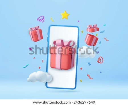 3d Phone, box, app, fortune. Gift-opening, sharing gifts online, greeting cards, guest invitation, unpacking present 3d rendering Vector illustration