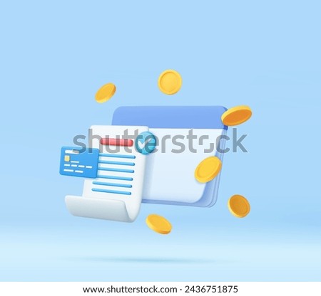 3d bank account book, passbook with credit card, financial online and transaction, fund transfer, business invoice bill. 3D Rendering. Vector illustration