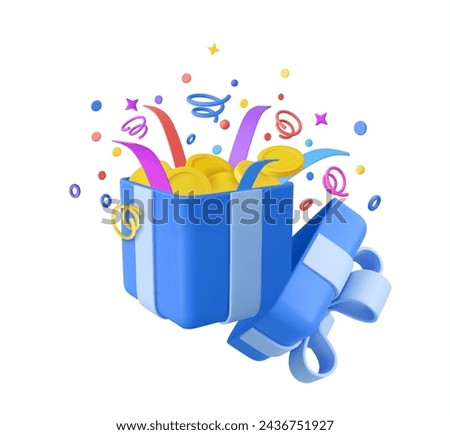 3D Open gift box with floating gold coin and serpentine ribbon. Cash surprise box. Money prize reward. Loyalty program concept. 3d rendering. Vector illustration