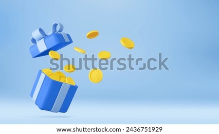 3D open gift box surprise with gold coins. loyalty program and get rewards, Money prize reward. Casino or Online game winner. 3d rendering. Vector illustration