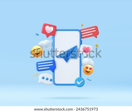 3d mobile phone with social network communication. Social media marketing. Smile emoticon and message concept. 3d rendering. Vector illustration