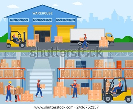 Warehouse horizontal banners with storage workers engaged in loading and unloading of goods. Interior and exterior with trucs and people.Vector illustration in flat style