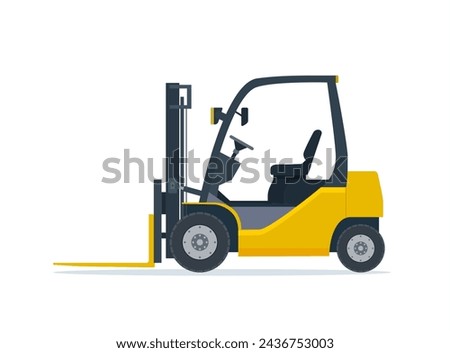 Yellow forklift truck isolated on white background. Empty electric uploader. Delivery, logistic and shipping cargo. Warehouse and storage equipment. Vector illustration in flat style