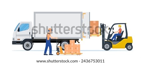 Forklift loading pallet boxes into truck. Warehouseman with checklist. Electric uploader loading cardboard boxes in delivery car. Logistic shipping cargo. Vector illustration in flat style