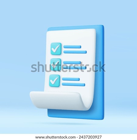 3d White paper with clipboard task management todo check list, efficient work on project plan, fast summary, assignment and exam. 3D Rendering. Vector illustration