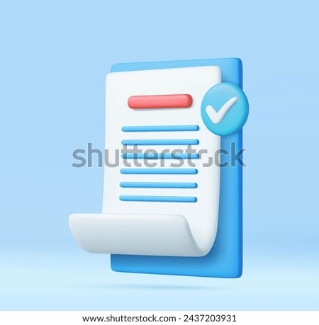 3d White paper with clipboard task management todo check list, efficient work on project plan, fast summary, assignment and exam. 3D Rendering. Vector illustration